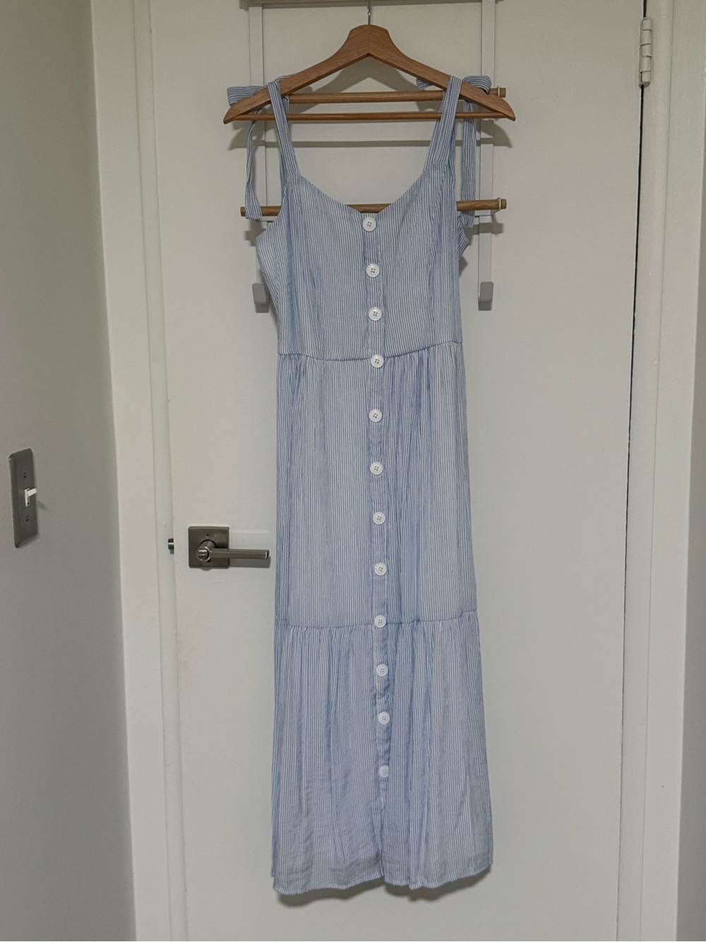 Light Blue Striped Button-Front Maxi Dress